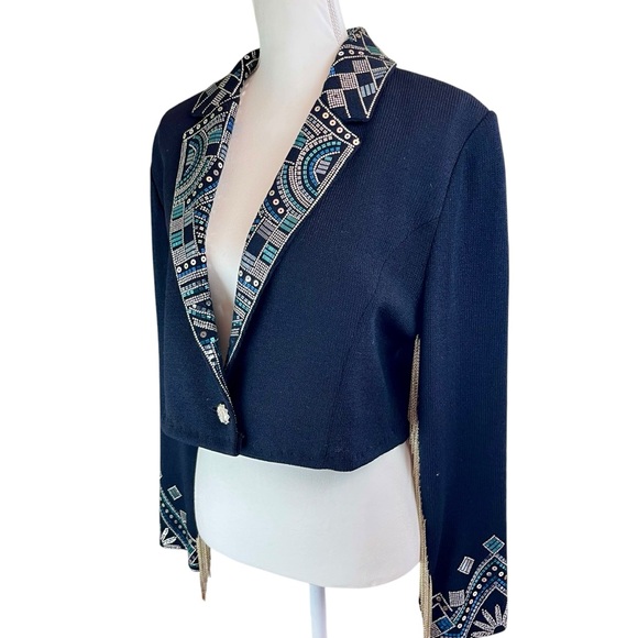 ST JOHN Black Knit Beaded Bolero Jacket Fringe 12 Cowgirl Western Sequin Cropped - Picture 4 of 16